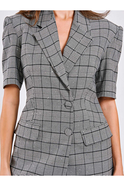 Womengrom Lefon Women's Short Sleeve Plaid Double-Breasted Jacket Shorts Set