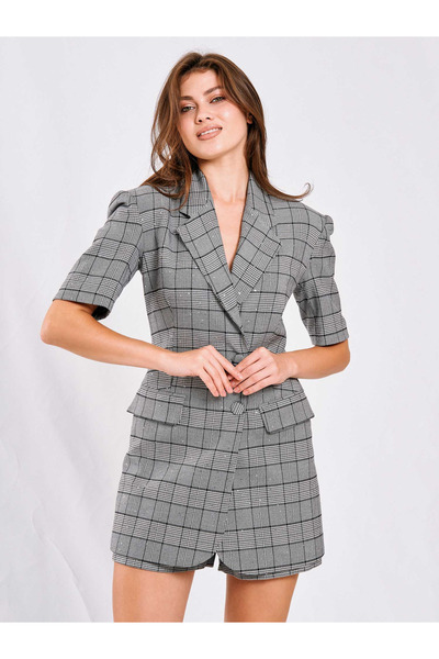 Womengrom Lefon Women's Short Sleeve Plaid Double-Breasted Jacket Shorts Set