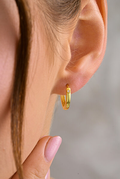 ESSARE 925 Ayar Gümüş Gold Kaplama Tektaş Detay 15 mm Halka Küpe