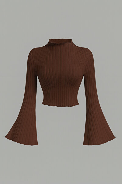 meren like your style Καφέ κοτλέ Πλεκτό Μπλούζα Μακρυμάνικο, Μανίκια με βολάν, ψηλός λαιμός Crop Top