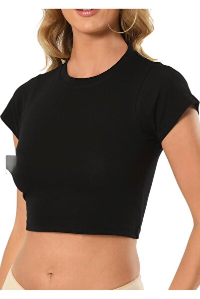Jiber Women's Black Half Sleeve Crew Neck Crop 636