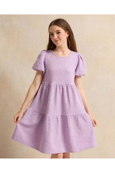 REDTAG Senior Girls Purple Puff Sleeve Jacquard Tiered Dress