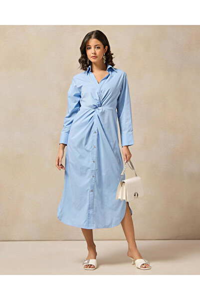 REDTAG Women Blue Front Twist Detailed Button Down Shirt Dress