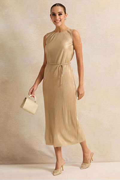REDTAG Women Gold Textured Sleeveless Maxi Dress