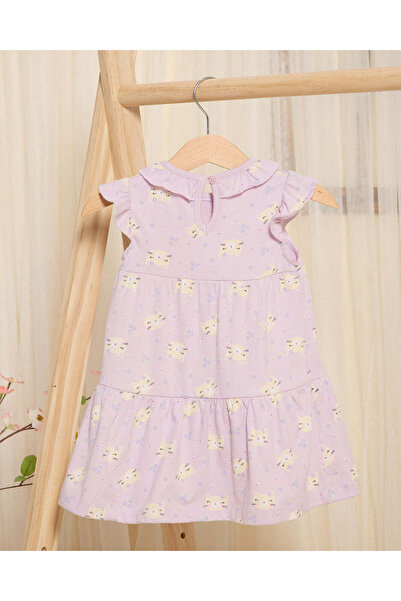 REDTAG Infant Girls Lilac Cat Print Dress