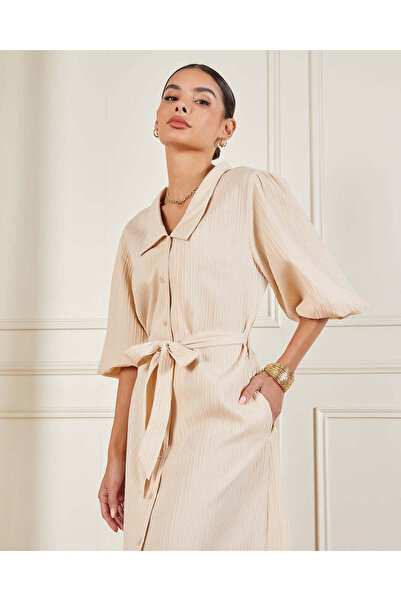 REDTAG Women Beige Collared Maxi Dress