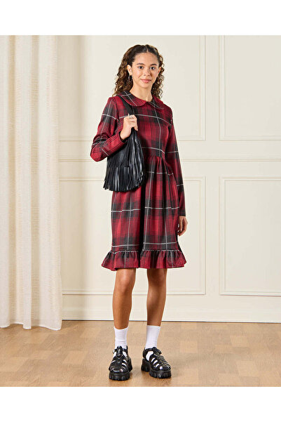 REDTAG Senior Girls Red Plaid Peterpan Collar Dress