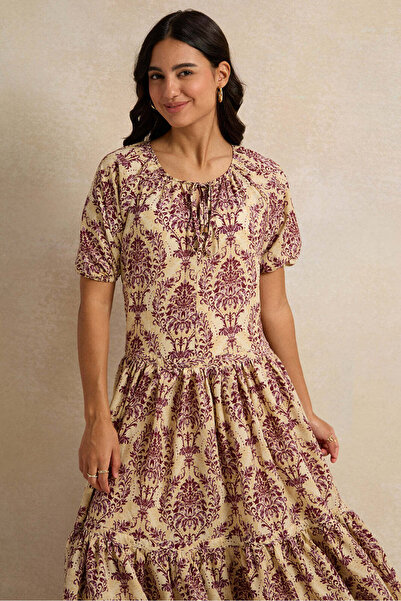 REDTAG Women Beige Printed Tiered Dress