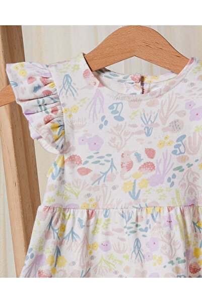 REDTAG Infant Girls White Tiered Dress With Sea Print