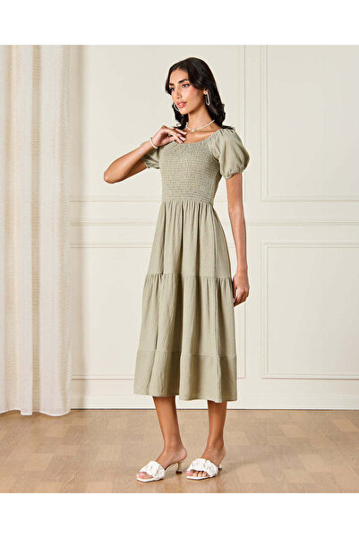 REDTAG Women Green Textured Midi Dress