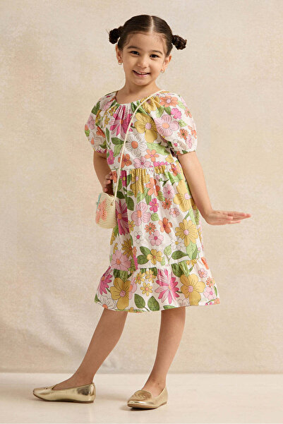 REDTAG Girls White Floral Print Dress