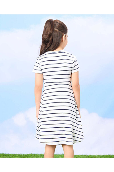 REDTAG Girls Blue And White Rib Yarn Dyed Striped Dress