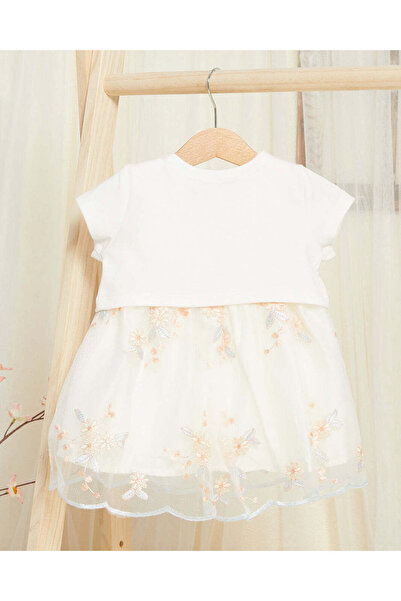 REDTAG Infant Girls Ivory Embellished Dress With Vest Set (2 Piece)