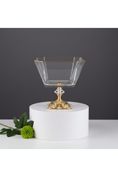 ÇNR Home Collection وعاء تقديم السلطة الكبير من الزجاج مع قاعدة معدنية وتفاصي...