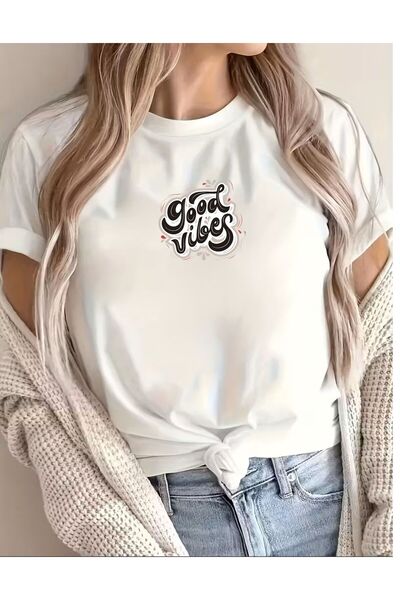 İnazuma Outdoors تيشيرت أبيض مطبوع عليه شعار "Good Vibes" (طاقة إيجابية) - مق...