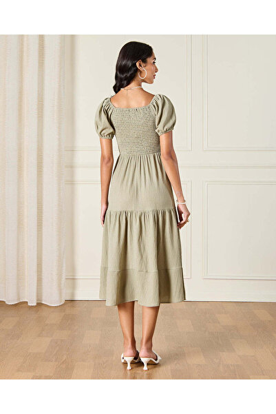 REDTAG Women Green Textured Midi Dress