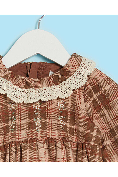 REDTAG Infant Girls Brown Check Dress with Long Sleeves