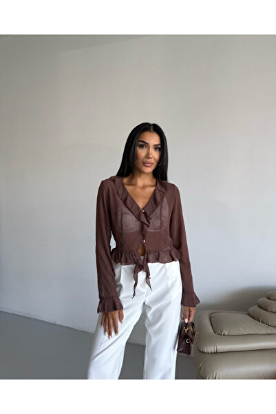 Veya Clothes Kadın Quzu Fırfır Detaylı Bluz Kahverengi