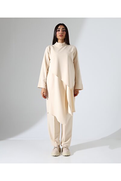 Fi'l Arz Fashion طقم نسائي من قطعتين من القطن غير متماثل وعالي الخصر