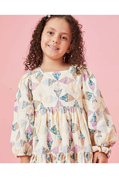 REDTAG Girls Beige Printed Dress With Scrunchy (2 Piece)