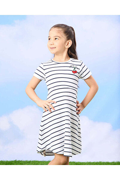 REDTAG Girls Blue And White Rib Yarn Dyed Striped Dress