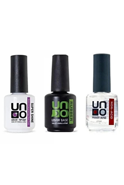 Uno Nail Kalıcı Oje Set Rubber Base Gel 15ml+SuperShine Top Coat 15ml+Uno Non...