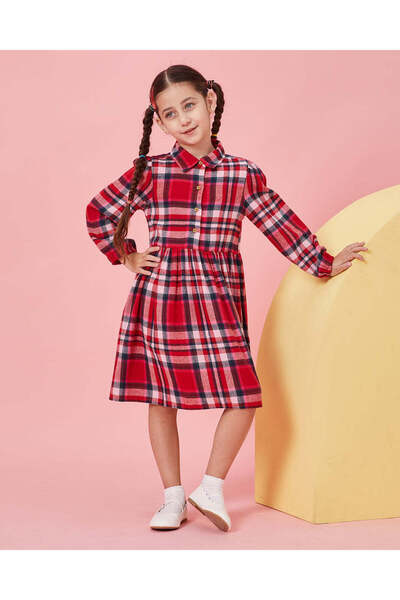 REDTAG Girls Red And Black Checkered Yarn Dyed Check Dress