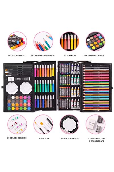 OEM Children's Painting Set, Complete Drawing Set, Metal Case, Pink - 145 pcs