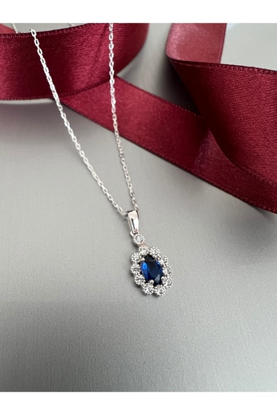 Zeta Jewel 925 Ayar Gümüş Oval Kesim Safir Taşlı Kolye 40+5 cm -Hediye Kutulu...