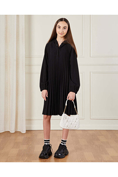 REDTAG Senior Girls Black Hooded Pleated Dress