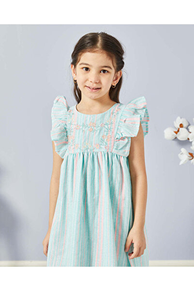 REDTAG Girls Mint Embroidered Frill Sleeve Dress