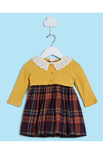 REDTAG Infant Girls Brown Check Dress With Mustard Bolero