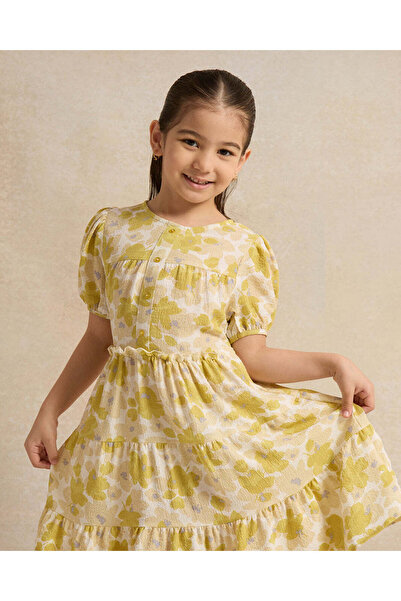 REDTAG Girls Mustard Floral Print Tired Dress