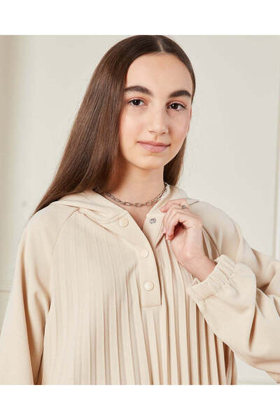 REDTAG Senior Girls Beige Hooded Pleated Dress