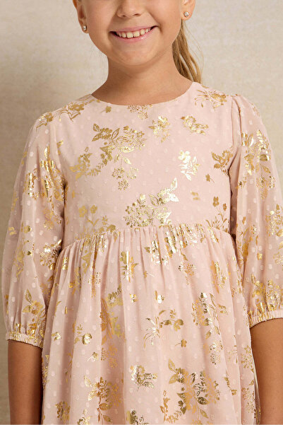 REDTAG Girls Orange Dobby High Low Dress With Foil Print