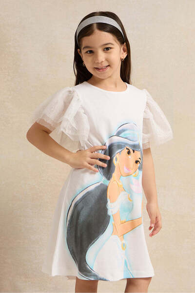 REDTAG Girls White Princess Jasmine Mesh Frill Sleeves Dress
