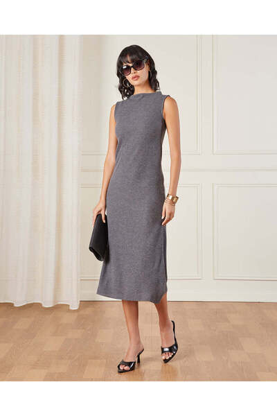 REDTAG Women Grey Ribbed Midi Dress