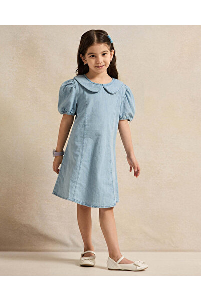 REDTAG Girls Blue Denim Peter Pan Collar Dress