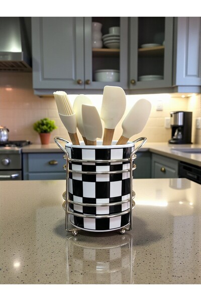 ferayhome Kitchen Accessory Ceramic Metal Spoon Rest Black Checkered Pattern Silver - Feray Home