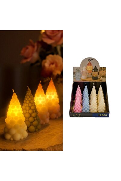 Issa Set 12 lumânări decorative formă de brad de Crăciun, 12, 9 cm, LED alb cald,culori pastelate
