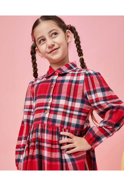 REDTAG Girls Red And Black Checkered Yarn Dyed Check Dress