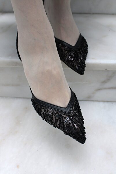 Haffhane Kadın Siyah Tül Pul Boncuk İşlemeli Stiletto