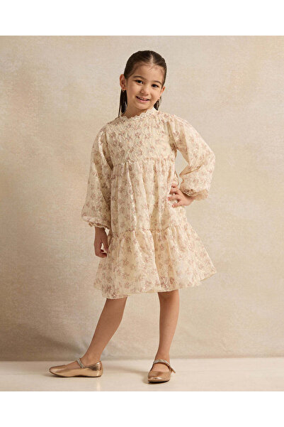 REDTAG Girls Beige Floral Lace Tired Dress
