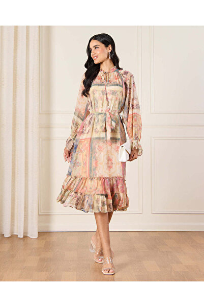 REDTAG Women Beige Allover Print Bohemian Frill Detailed Lurex Dress