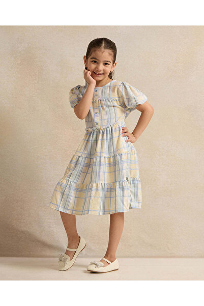 REDTAG Girls Blue And White Checkered Tired Dress