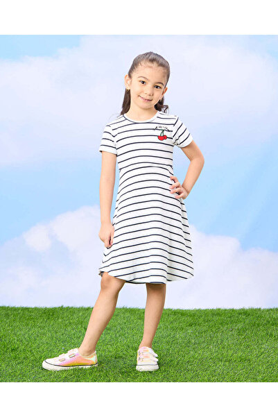 REDTAG Girls Blue And White Rib Yarn Dyed Striped Dress