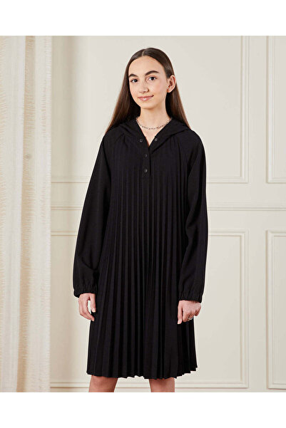 REDTAG Senior Girls Black Hooded Pleated Dress