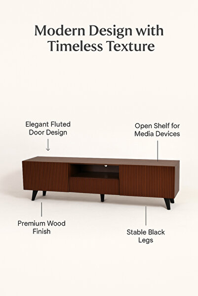 MARIA HOMES Brown Wooden TV Stand 160×40×55 cm – Modern Ribbed Design TV Unit with Storage Cabinets and