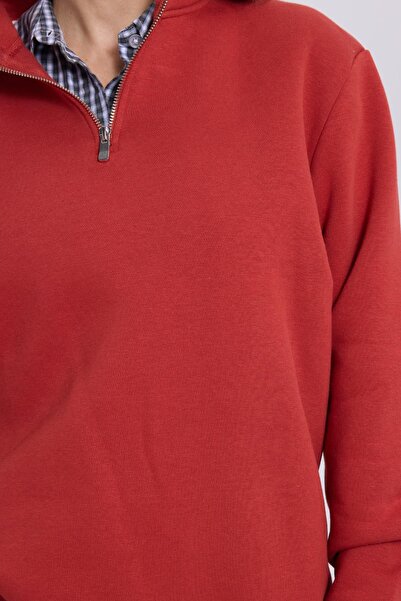 Tudors Γυναικείο φούτερ Relax Fit Άνετο Βαμβακερό Φλις με μισό φερμουάρ Κόκκινο D ψηλός λαιμός