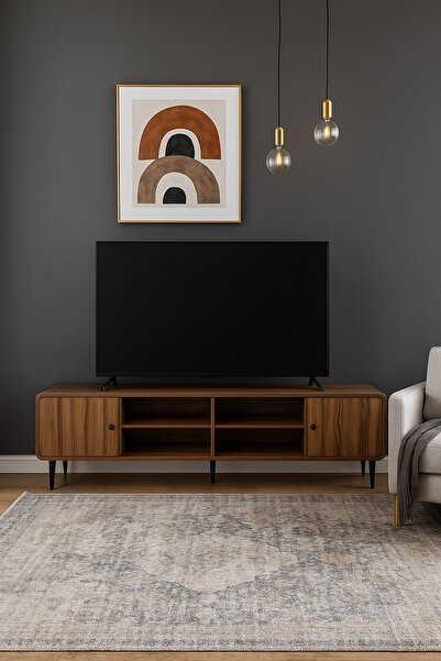 MARIA HOMES Walnut Wooden TV Stand 180×40×54 cm – Modern TV Unit with Open Shelves and Side Cabinets for Living